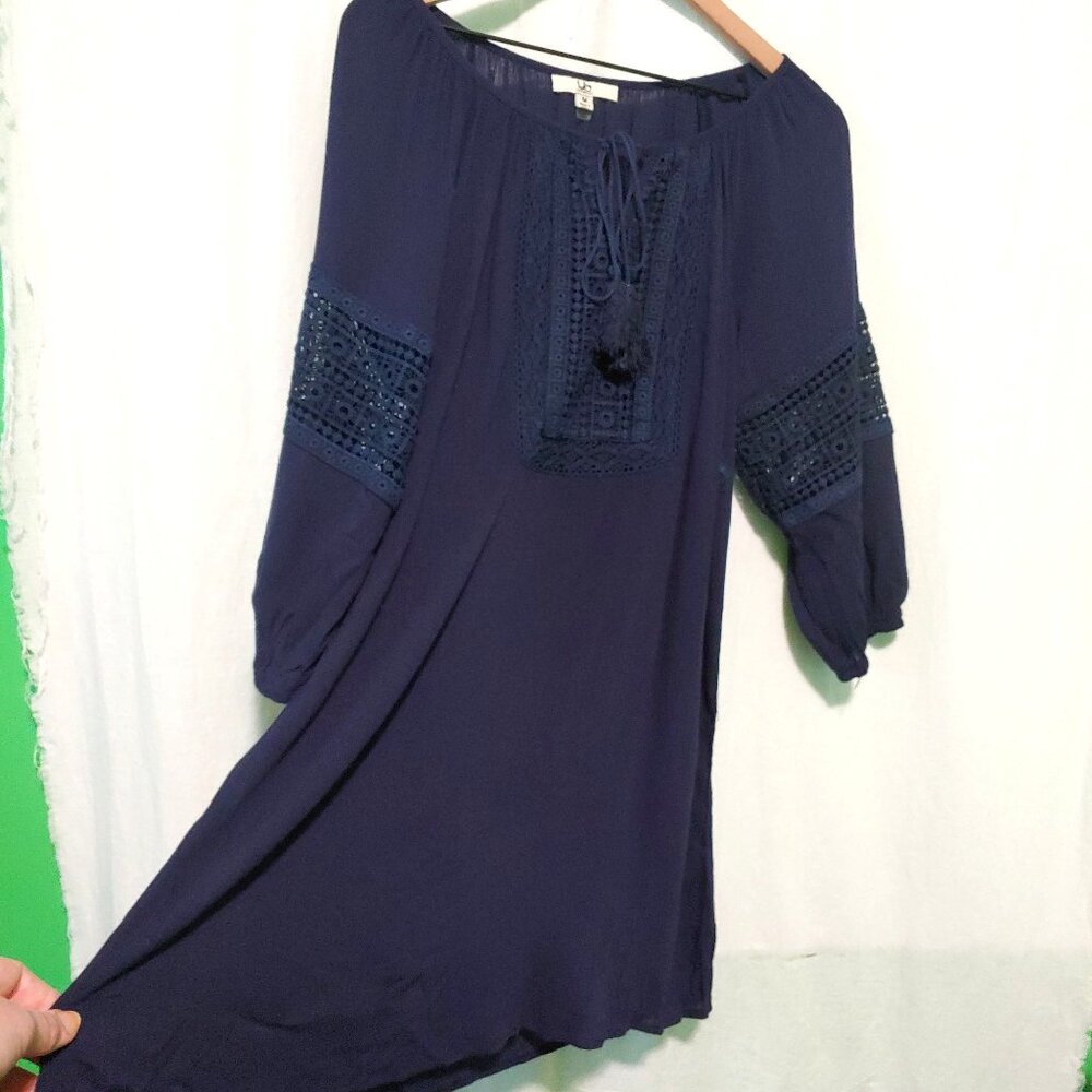 Ya Los Angeles tunic/dress womens Medium solid blue lace inset boho Fairy - Picture 2 of 7